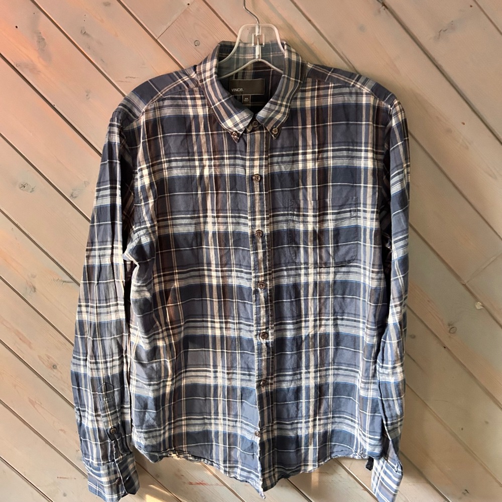 Vince Mens Blue Plaid Button Down Shirt Long Sleeve Cotton Size Medium